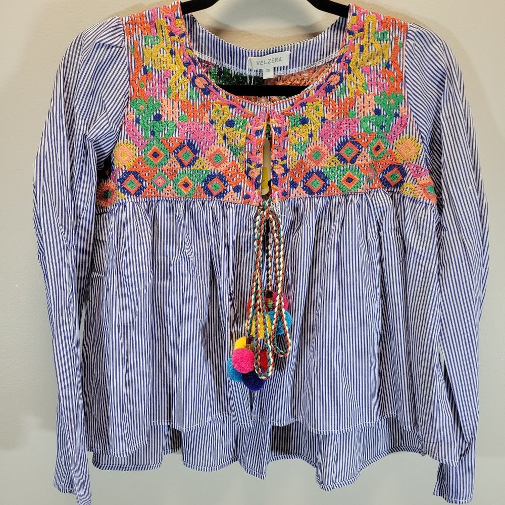 NWT VELZERA Embroidered Open Front Long Sleeve Boho Top